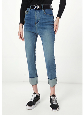 EF2025秋季新款九分牛仔裤女高腰显瘦卷边拉链设计感裤子