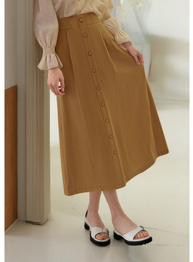 EF【商场同款】高腰气质中长裙2025秋冬新款纽扣设计复古半身裙