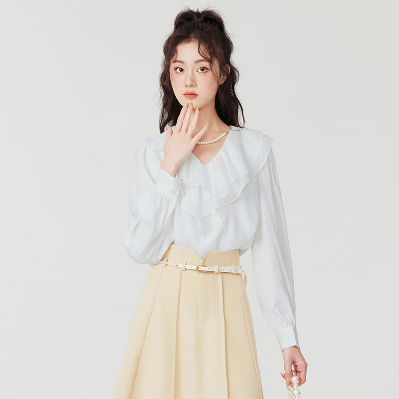 EF甜美荷叶边雪纺衫春秋通勤OL气质V领衬衫白色上衣