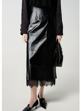 EF复古通勤风PU皮半身裙2025冬季新款蕾丝拼接设计感高腰中长裙