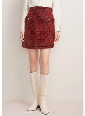 EF复古粗花呢A字短裙女装2025秋季新款高腰显瘦小香风半身裙