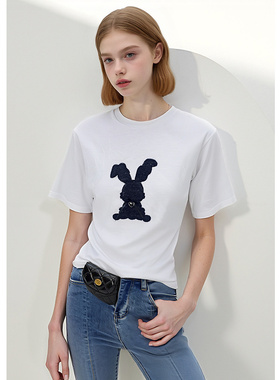 EF简约气质设计感圆领上衣女2025秋季新款刺绣图案宽松短袖T恤