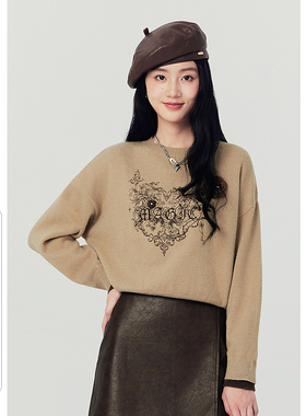 EF时尚休闲毛衣冬季新款女装提花针织衫圆领宽松落肩袖休闲