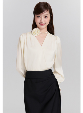 EF白色气质V领衬衫2025春季新款设计感花朵绑带雪纺衫气质衬衣女