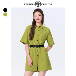 连体衣夏季 短袖 新款 休闲通勤收腰显瘦衬衫 EF工装 连衣裤 风时尚