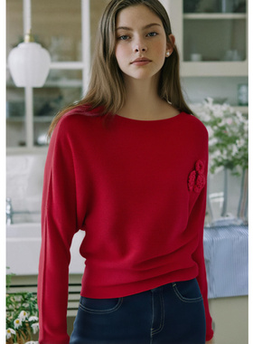 EF【商场同款】玫瑰花圆领毛衫2025冬季新款绵羊毛100%针织衫