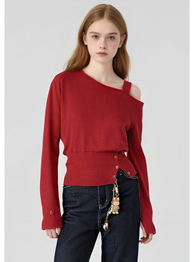 EF【商场同款】复古时尚气质露肩毛衫2025秋冬新款显瘦针织衫女