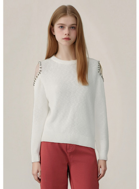 EF【商场同款】2025秋冬新款露肩时尚毛衫温柔风设计感钉珠针织衫