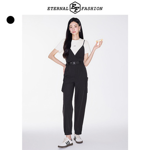 甜酷工装 收腰显瘦休闲v领连体裤 吊带连衣裤 新款 女 夏季 EF时尚