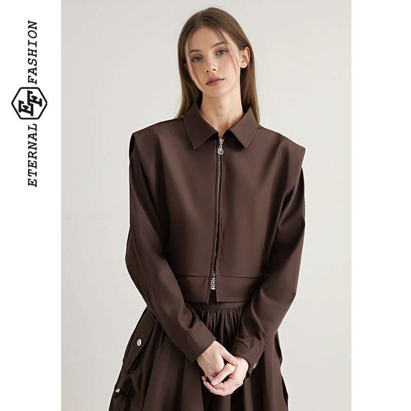 EF复古洋气休闲设计感短外套2025夏季新款双拉链头翻领短上衣