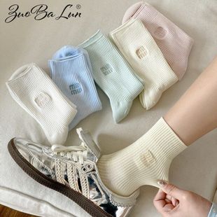 薄款 全棉袜子女中筒袜春夏季 透气棉袜日系刺绣堆堆袜ins百搭长袜