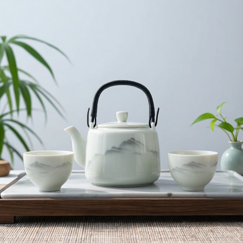 羊脂玉瓷提梁壶一壶两杯茶具套装大容量家用凉水壶中式泡茶壶茶杯