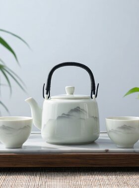 羊脂玉瓷提梁壶一壶两杯茶具套装