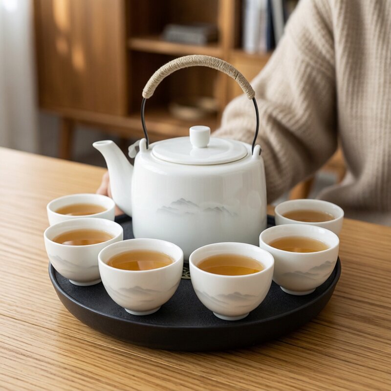 一壶六杯羊脂玉瓷提梁壶功夫茶具套装大容量凉水壶中式泡茶壶茶杯