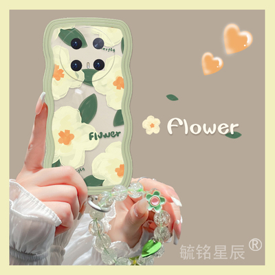 适用华为mate60pro手机壳p30波浪边20pro新款9油画10绿色p70花朵70腕带30e链条60透明nova12防摔硅胶全包镜头