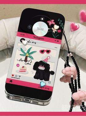 适用华为荣耀x70手机壳x60新款x60i+涂鸦x50gt黑色小狗x40gt竞速版x40i十x30max可爱x20se挂绳x10腕带x9c硅胶