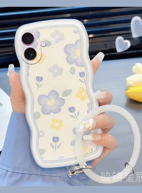 适用苹果17promax手机壳iphone17air新款se3蓝色2花朵ins风8plus波浪边7透明6硅胶6s手腕带x八xs三代xr/16/14