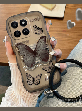 新款波浪边黑色蝴蝶适用华为honor荣耀畅玩60Plus手机壳透明50Plus带支架的20手环Puls女小众ins风全包高级感