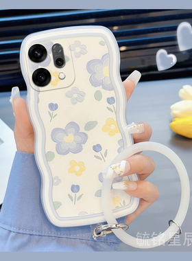 适用opporeno6pro手机壳reno5新款reno12蓝色findx8pro花朵ins风findx7波浪边14透明13硅胶9腕带8防摔7se创意
