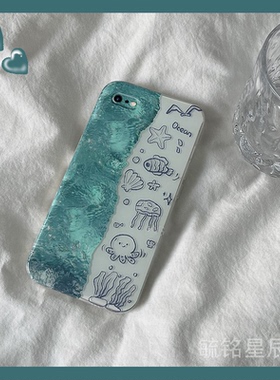 新款蓝色夏日海洋动物适用苹果8Plus手机壳iPhone7线条se3插画se2硅胶6透明6s保护套5小众5s趣味ins风4夏天4s