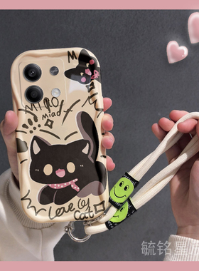 新款卡通黑色猫咪适用小米redmi红米Note13pro+手机壳12r/12Turbo奶油纹12Pro极速版12t全包noto13pro十防摔