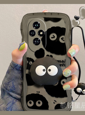 新款卡通小煤球适用华为honor荣耀200Pro手机壳200Lite带支架100Pro+简约90GT透明十黑色的情侣冷淡风波浪边p