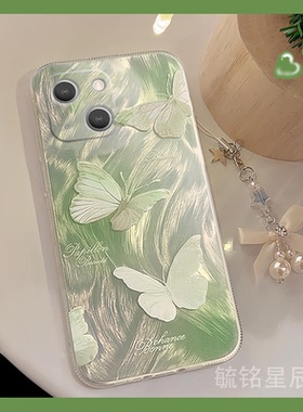 新款2024夏天绿色蝴蝶适用苹果15手机壳iPhone14ProMax透明15Plus硅胶的13链条12挂件mini小众11高级感高品质