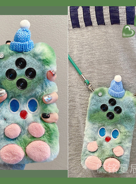 适用oppofindn5手机壳findn3flip翻盖findn2flip折叠屏findn新款绿色折叠款毛绒可爱帽子小怪兽毛茸茸硅胶的