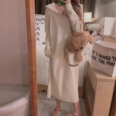 韩系新款半拉链设计感连帽长裙