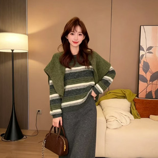 韩系慵懒风条纹披肩针织三件套女秋冬宽松百搭显瘦毛衣半身裙套装
