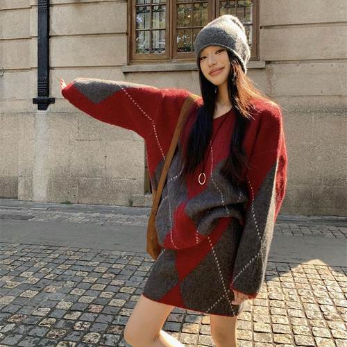 韩系穿搭宽松上衣半身裙毛衣套装