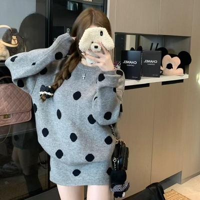 韩系宽松减龄波点针织毛衣套装