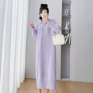 温柔风秋冬新款翻领拉链设计针织毛衣裙加厚慵懒风宽松长款连衣裙