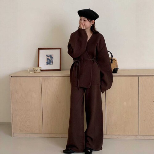 温柔风加厚设计感腰带针织两件套