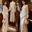 立体花朵钉珠御姐范不对称针织套装秋冬新款氛围感气质毛衣两件套