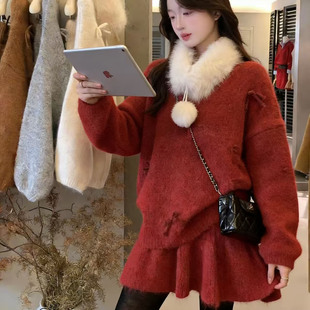 甜美风毛领毛衣百褶裙三件套秋冬新款宽松蝴蝶结套装氛围感穿搭潮