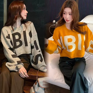 韩系字母提花拼色爆款针织衫女秋冬新款宽松显瘦百搭软糯毛衣上衣