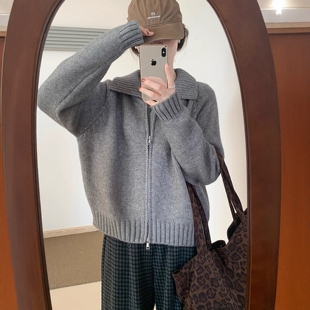 韩里韩气宽松双拉链翻领毛衣外套秋冬新款洋气百搭简约针织上衣女