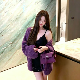 紫色亮片针织开衫女宽松慵懒氛围感毛衣外套秋冬新款显白洋气上衣