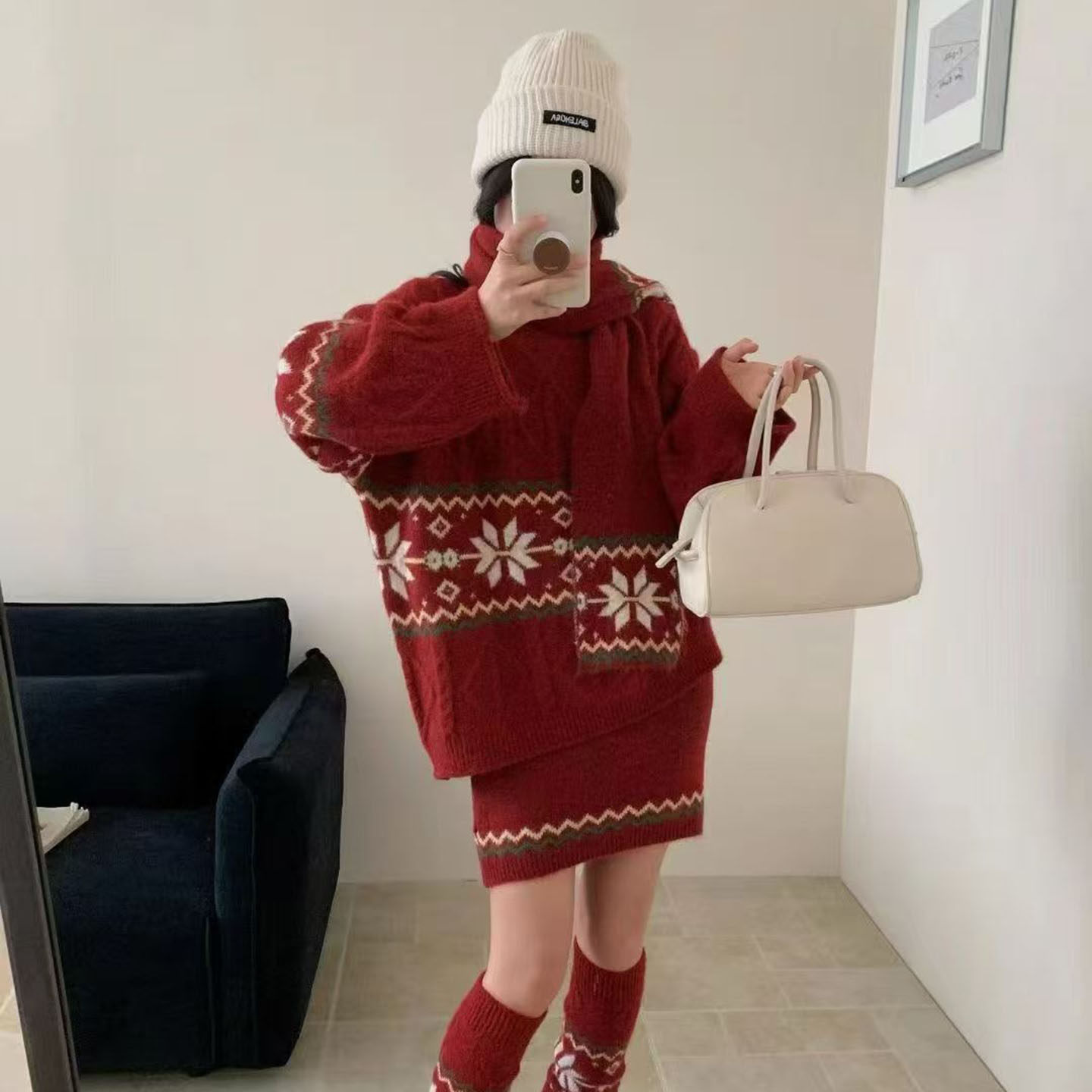 费尔岛风红色围巾毛衣半身裙三件套秋冬新年穿搭高级氛围感套装潮,女装/女士精品,时尚套装,淘宝优惠券,粉丝福利购,淘宝优惠卷