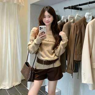 设计感小众保暖一字肩铆钉针织衫女秋冬显瘦百搭洋气配腰带毛衣潮