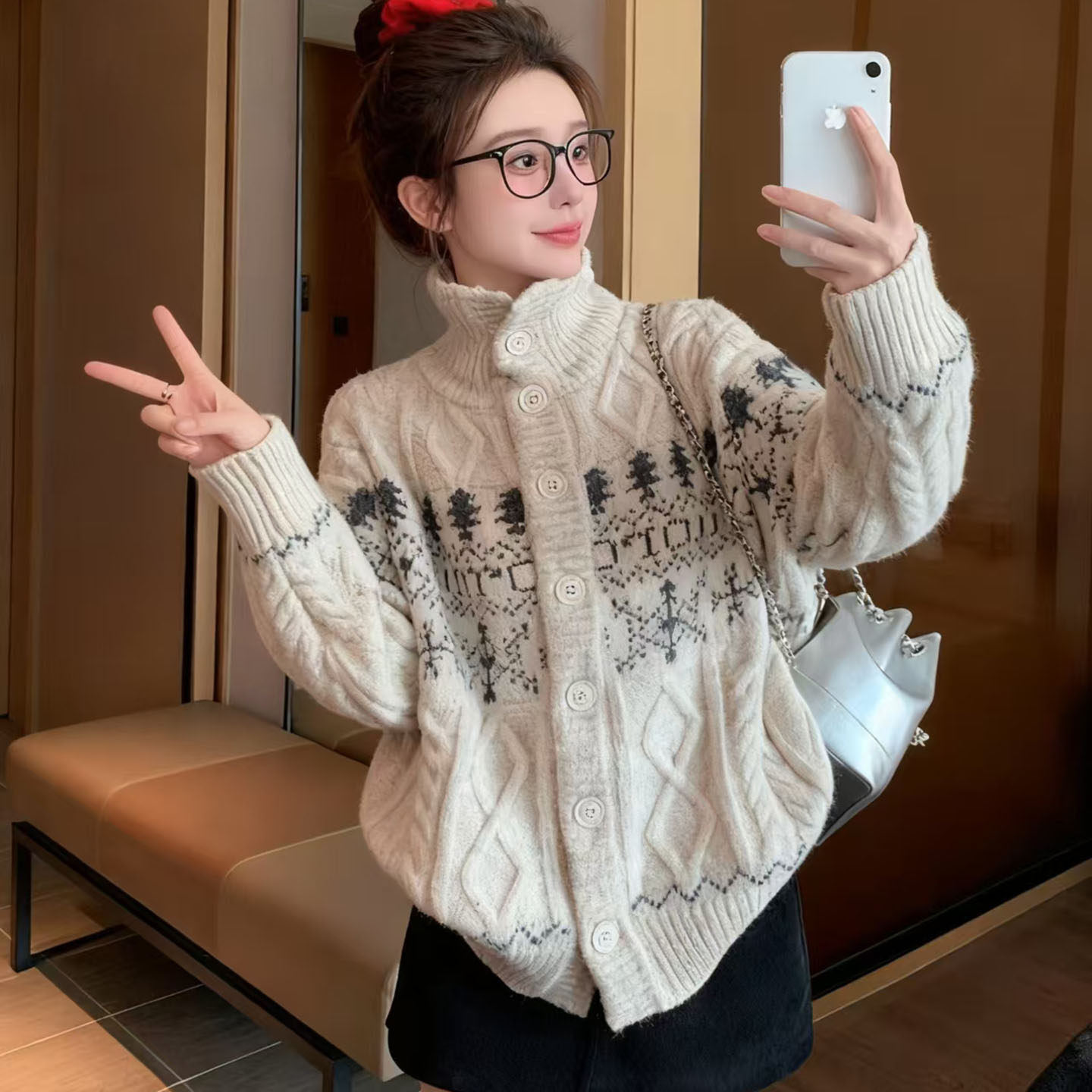 复古撞色提花设计感小众保暖毛衣外套慵懒风麻花针织开衫厚实上衣,女装/女士精品,毛针织衫,淘宝优惠券,粉丝福利购,淘宝优惠卷