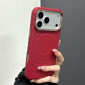 红色波漾纹适用苹果17Promax手机壳带钻镜框iPhone17高级感16pro防摔保护套15PM硅胶软边14PM全包壳