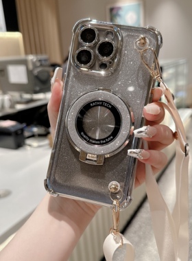 17斜挎闪粉磁吸支架16适用iPhone15promax手机壳苹果14pro气囊plus防摔1312女11全包7斜挎8挂绳XR可背硅胶xs
