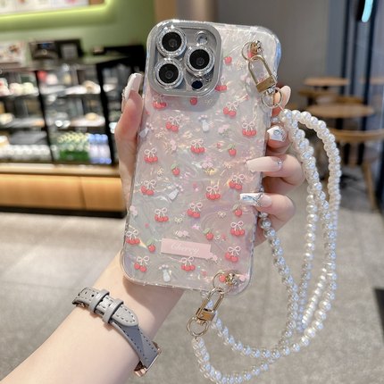 珍珠斜挎挂链适用苹果16promax手机壳iPhone15网红14同款13高级感小众14pro背带挂绳12贝壳纹镜头全包防摔