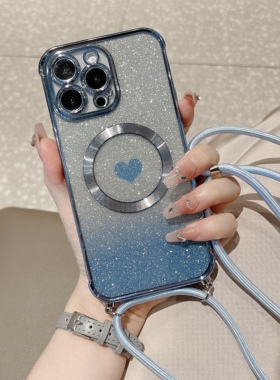 15可斜挎磁吸17适用iPhone14手机壳16的苹果13promax爱心闪粉电镀12全包ip11十三新款2023女款带挂绳小众