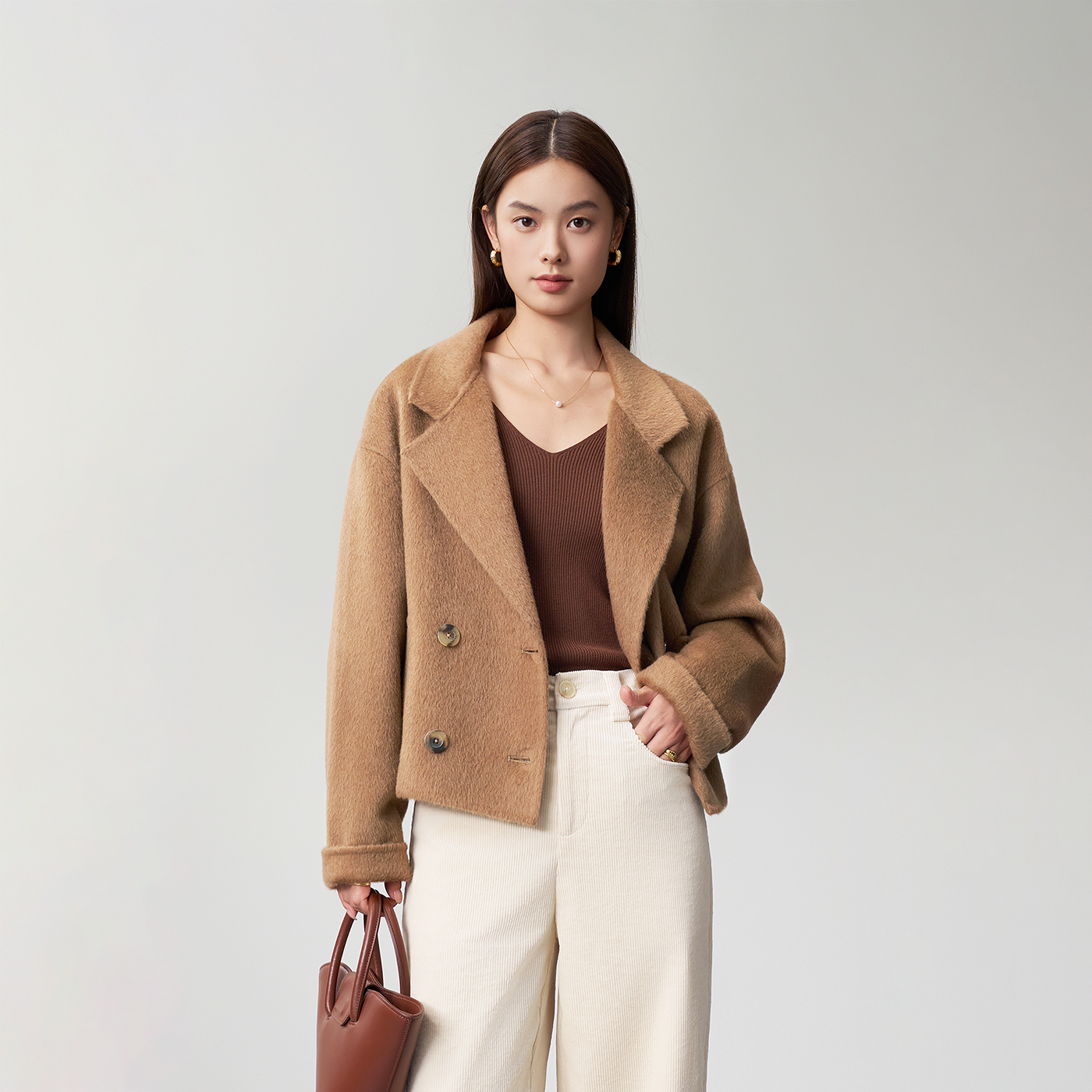 短款全驼绒大衣翻驳领小个子款