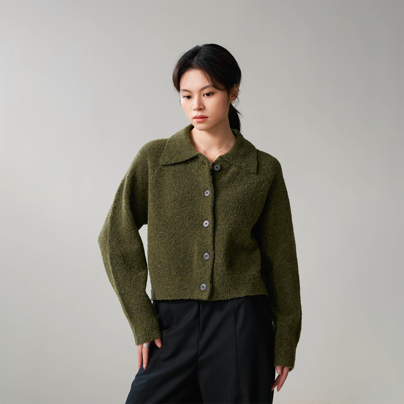 圈圈纱翻领针织开衫美利奴羊毛