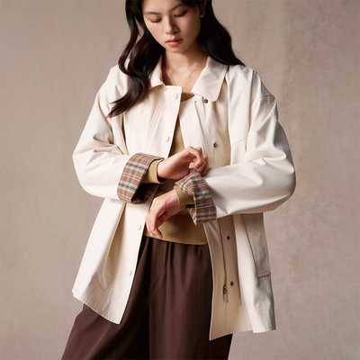 复古格纹拼接风衣夹克莱赛尔混纺