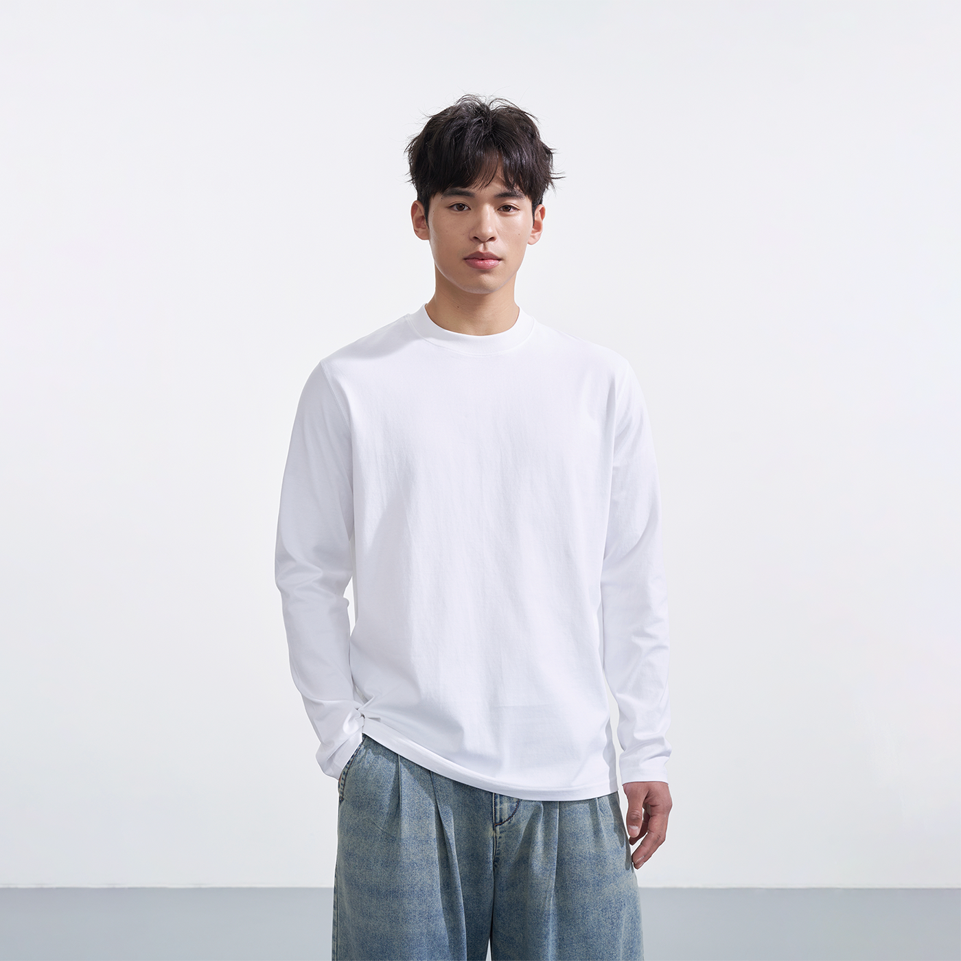 正肩绷缝220G匹马棉长袖T恤男士